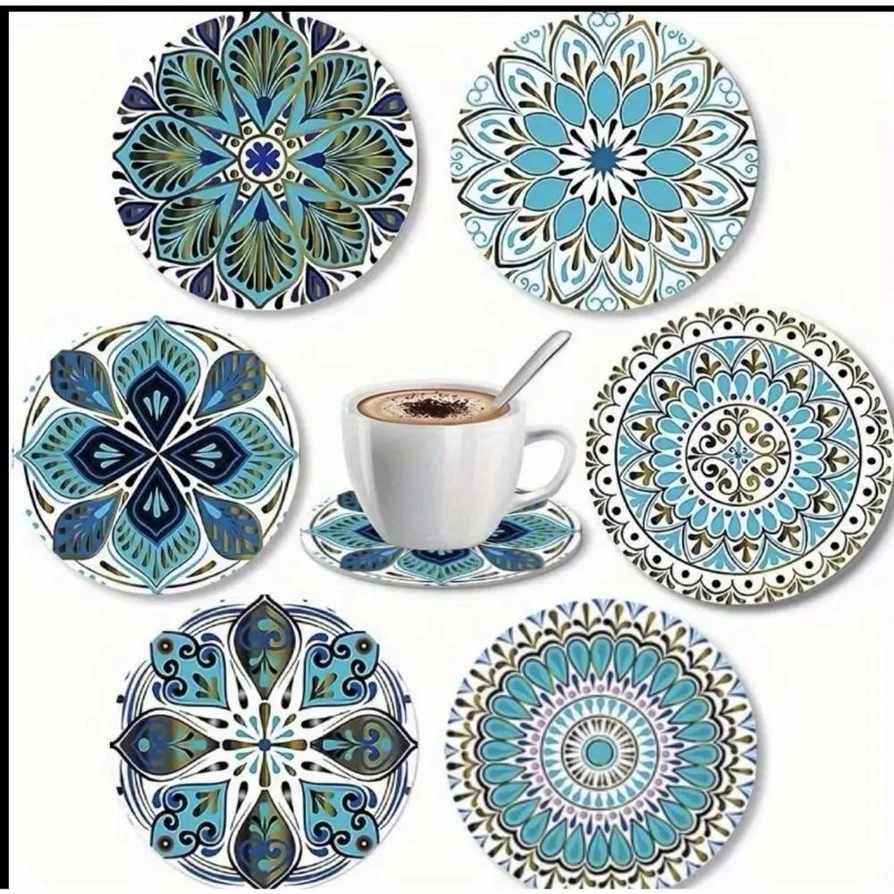 Six Piece Mandala Acrylic Teal Design Coaster Set 4 Inch New